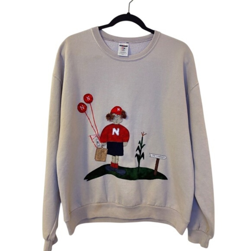Vintage Jerzees Nebraska Cornhuskers Applique Sweatshirt Tan Large Go Big Red
